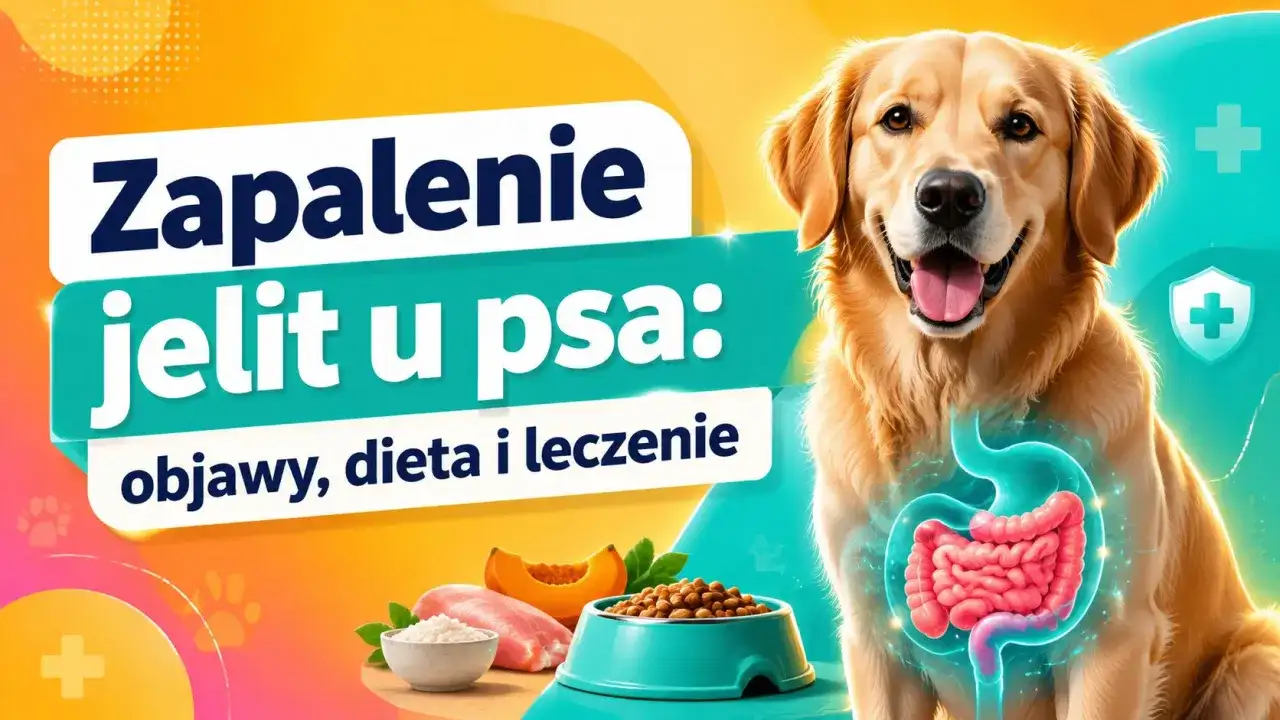 Zapalenie jelit u psa: objawy, dieta i leczenie. Grafika przedstawia psa z widocznym układem pokarmowym, miską karmy i składnikami diety.