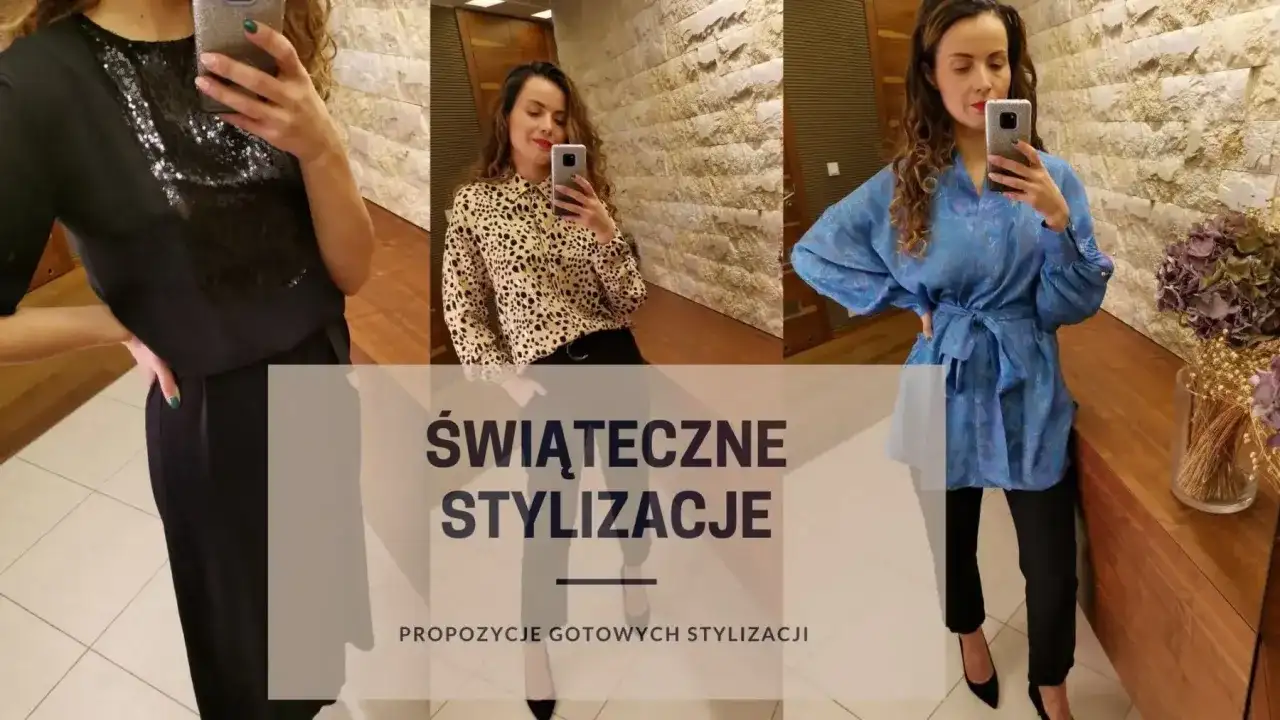 Kobieta prezentuje trzy propozycje stylizacji świątecznej: czarną sukienkę z cekinami, bluzkę w panterkę i błękitną tunikę.