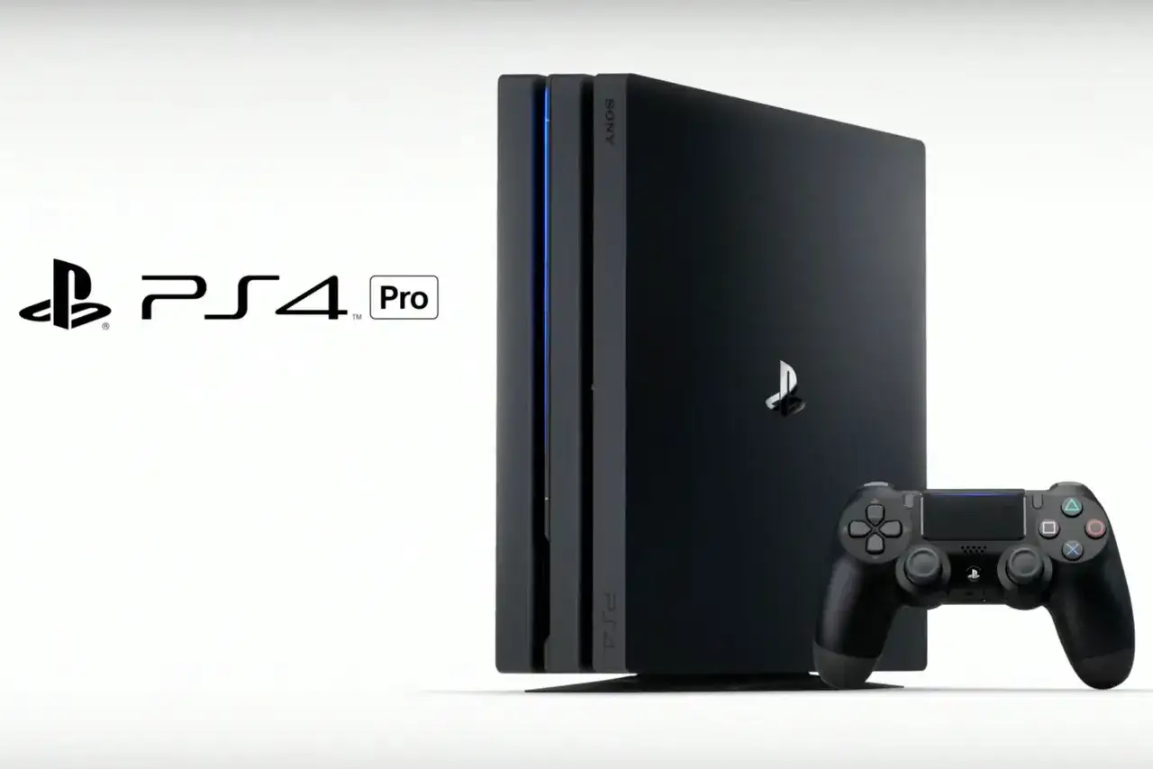 Konsola PlayStation 4 Pro z kontrolerem DualShock 4 na białym tle.