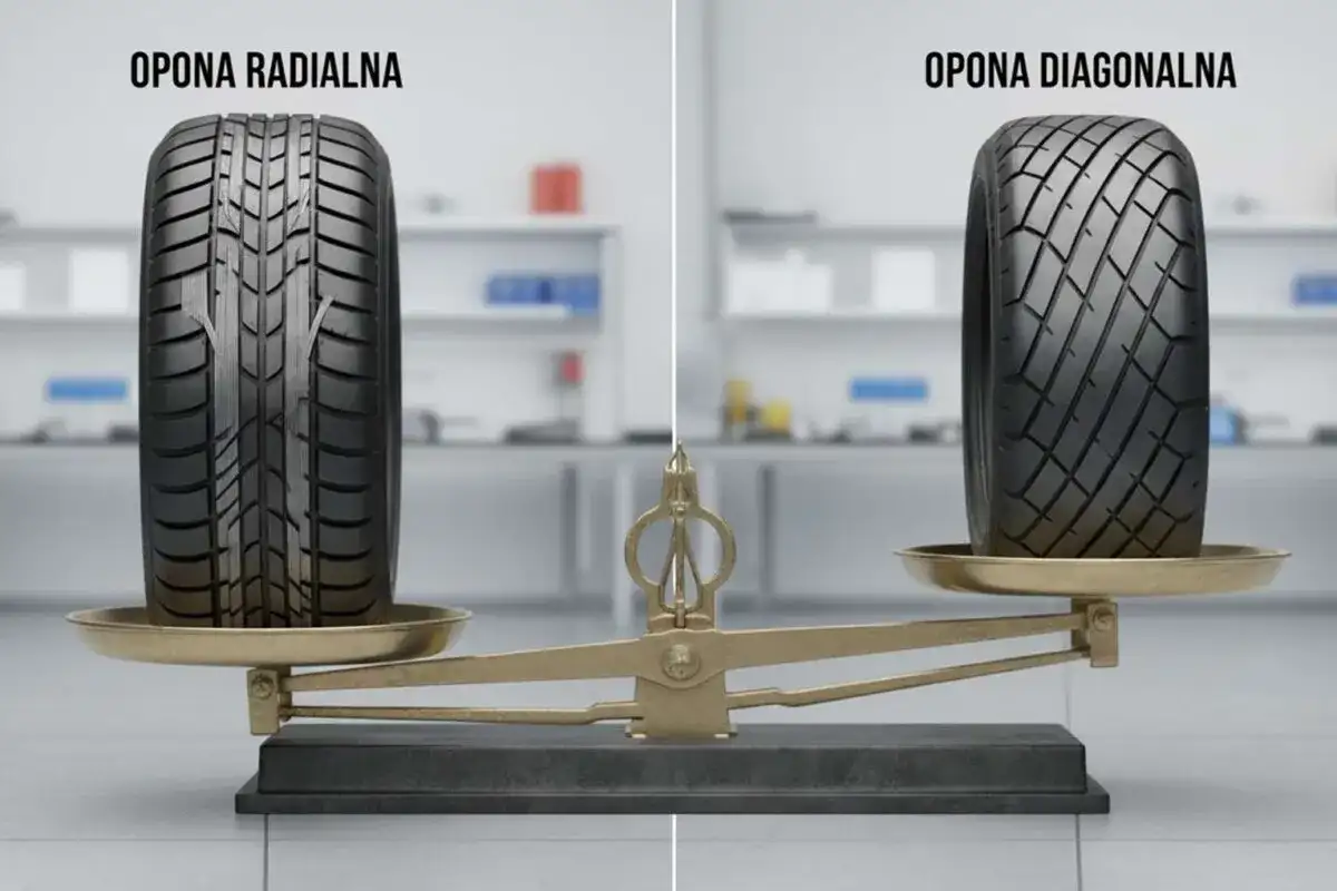 Opony radialne i diagonalne na wadze. Opona radialna po lewej, diagonalna po prawej.