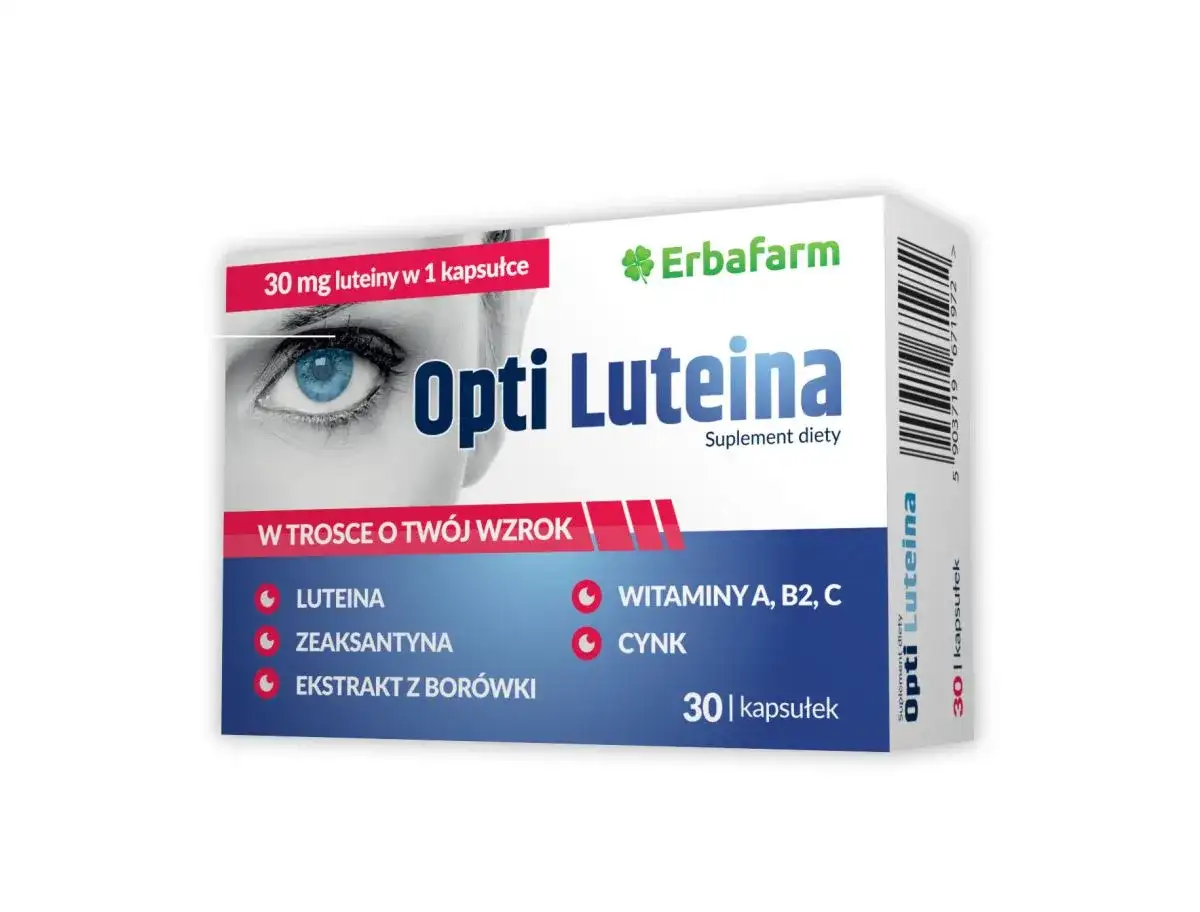 Opakowanie suplementu diety Opti Luteina, zawierającego luteinę i zeaksantynę, dla zdrowia oczu. 30 kapsułek.