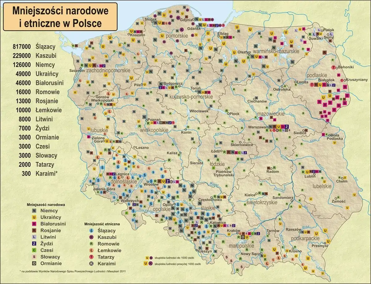 Mapa Polski z zaznaczonymi skupiskami mniejszości narodowych i etnicznych, ukazująca rozmieszczenie mniejszości etnicznych w Polsce.