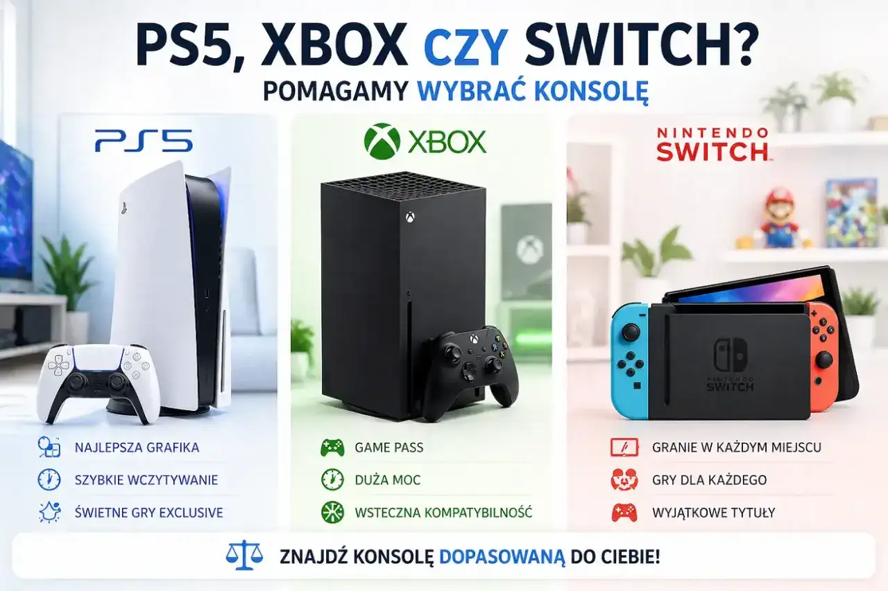 Porównanie konsol PlayStation 5, Xbox Series X/S i Nintendo Switch z ich kontrolerami.