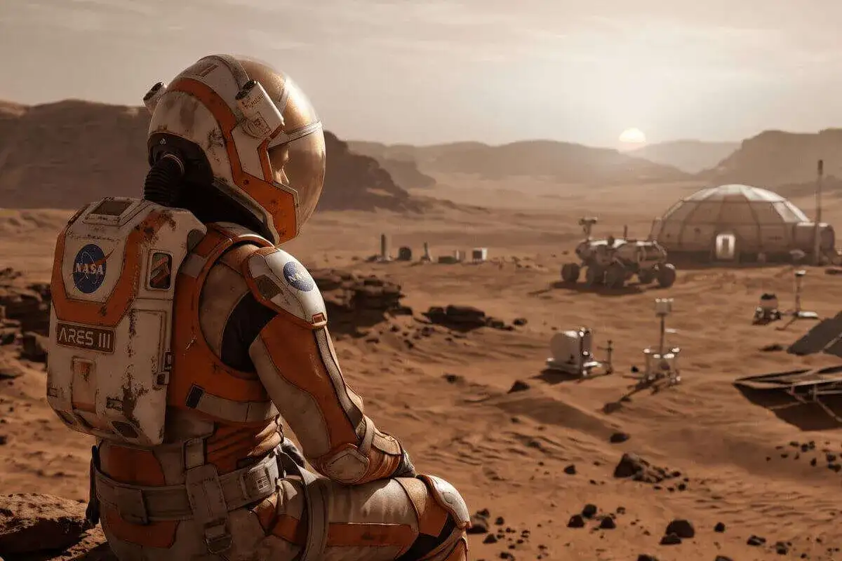 Astronaut w pomarańczowym skafandrze NASA z napisem ARES III siedzi na Marsie, patrząc na bazę i łazik. Scena jak z filmów z Mattem Damonem.