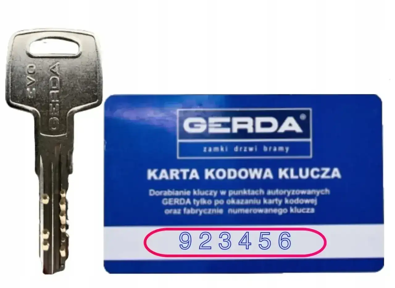 Karta kodowa klucza Gerda i klucz. Potrzebne do dorabiania kluczy.
