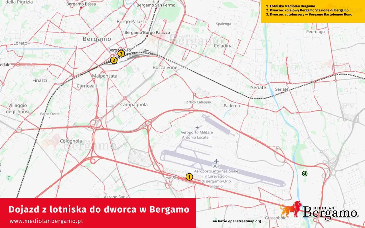 Mapa pokazuje dojazd z lotniska Mediolan Bergamo do dworca kolejowego i autobusowego.