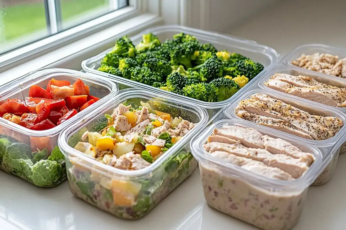 Gotowe posiłki w pojemnikach: kurczak, brokuły, sałatka z warzywami i ryżem. Idealne meal prep przepisy na zdrowy tydzień.