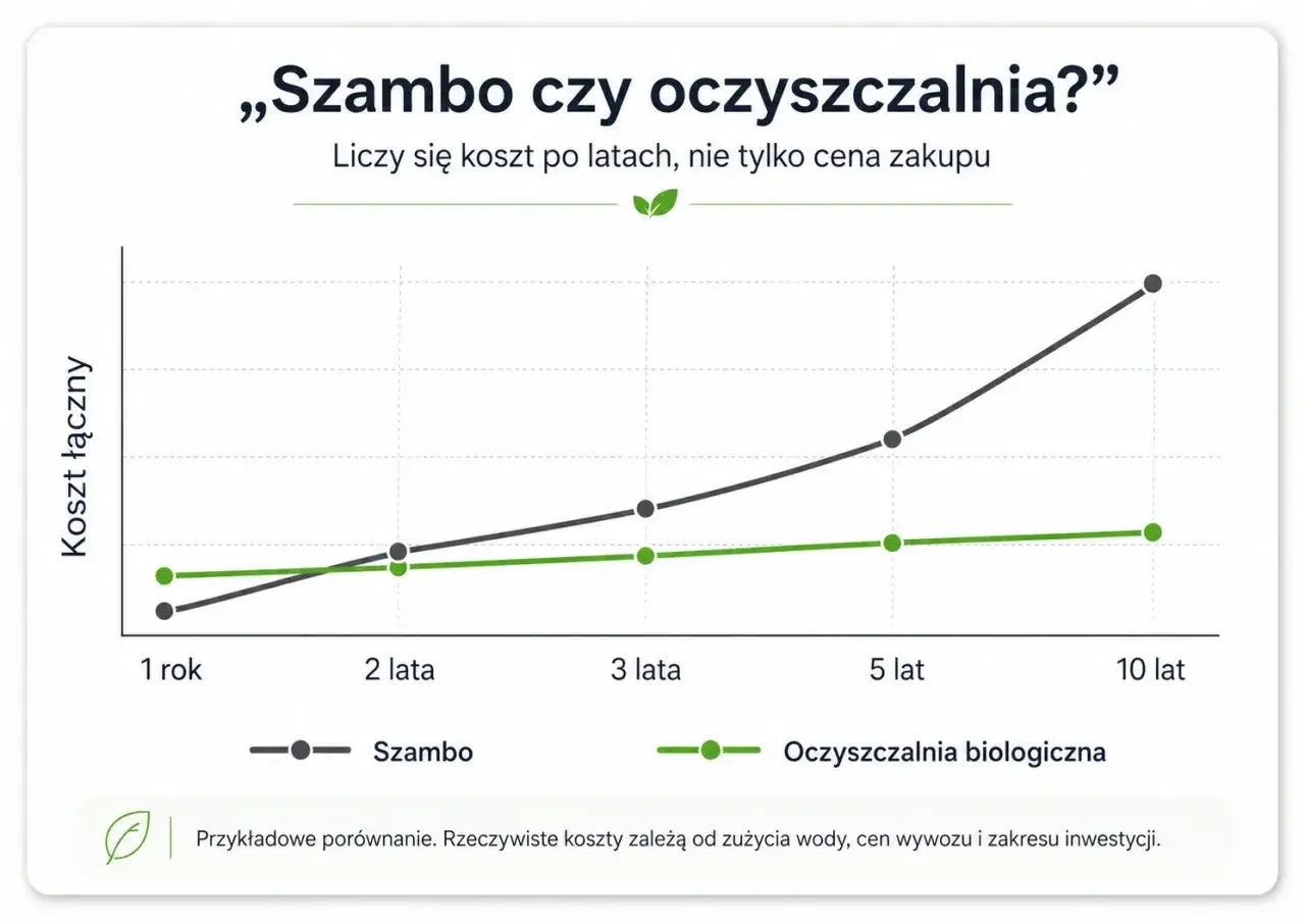 Wykres porównuje koszty szamba i oczyszczalni biologicznej w perspektywie lat. Oczyszczalnia przydomowa okazuje się tańsza po 10 latach.
