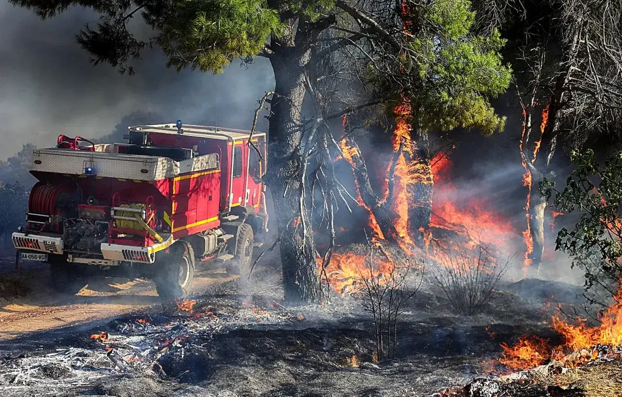 Un camion de pompiers intervient dans un incendie de forêt. Les feux de route sont essentiels quand les utiliser pour signaler le danger.