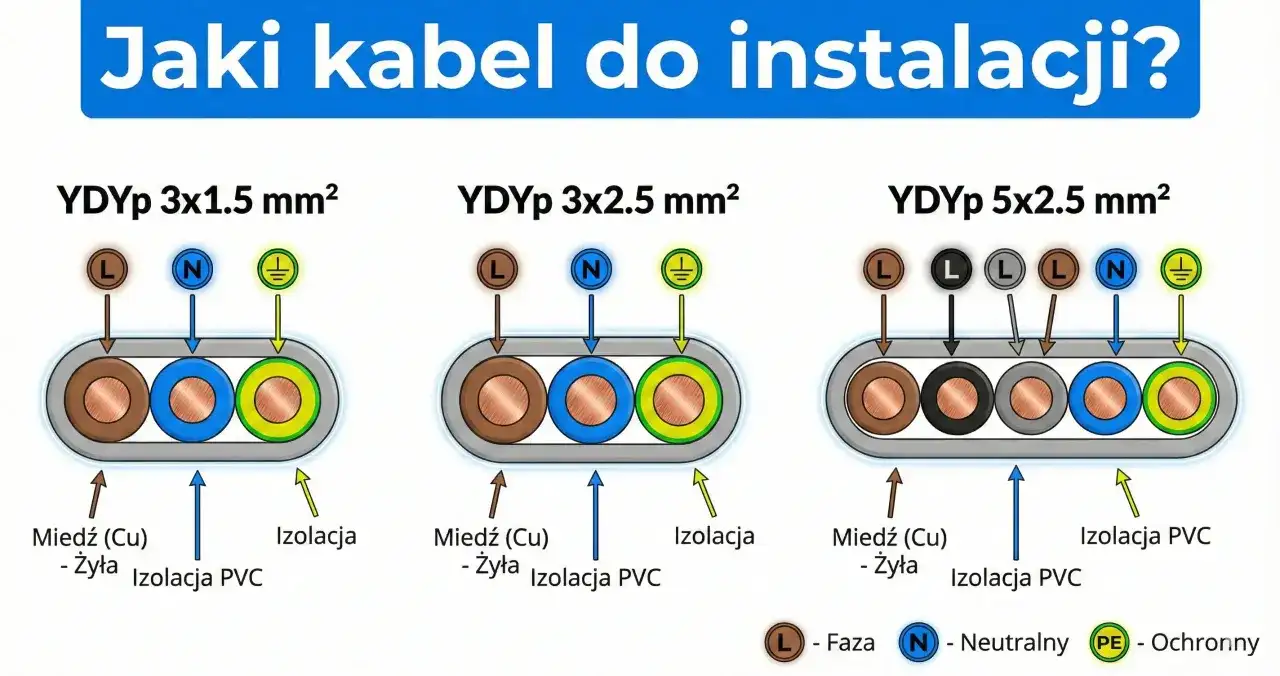 Porównanie kabli YDYp: 3x1.5 mm², 3x2.5 mm², 5x2.5 mm². Dowiedz się, jaki kabel do oświetlenia wybrać, analizując budowę i zastosowanie.