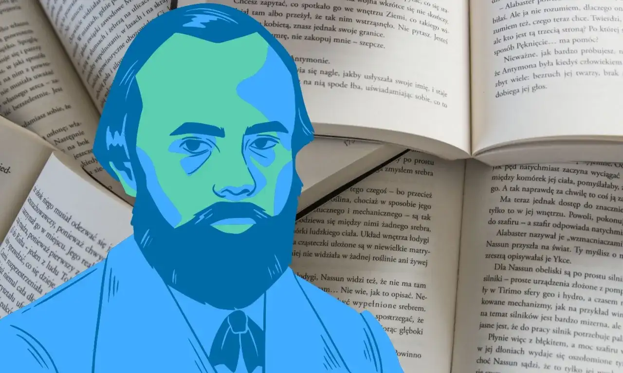 Stylizowany portret Fiodora Dostojewskiego na tle otwartej książki. Fiodor Dostojewski biografia.
