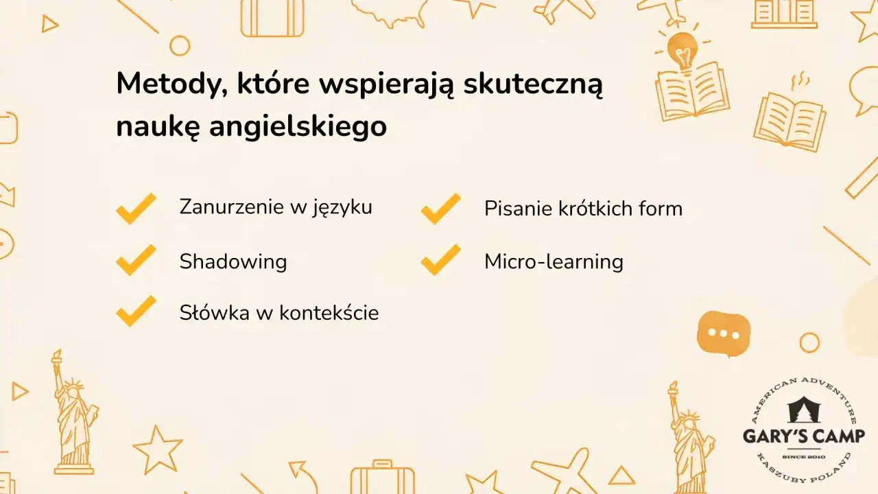 Skuteczne metody, jak nauczyć się angielskiego: zanurzenie, shadowing, pisanie, micro-learning.