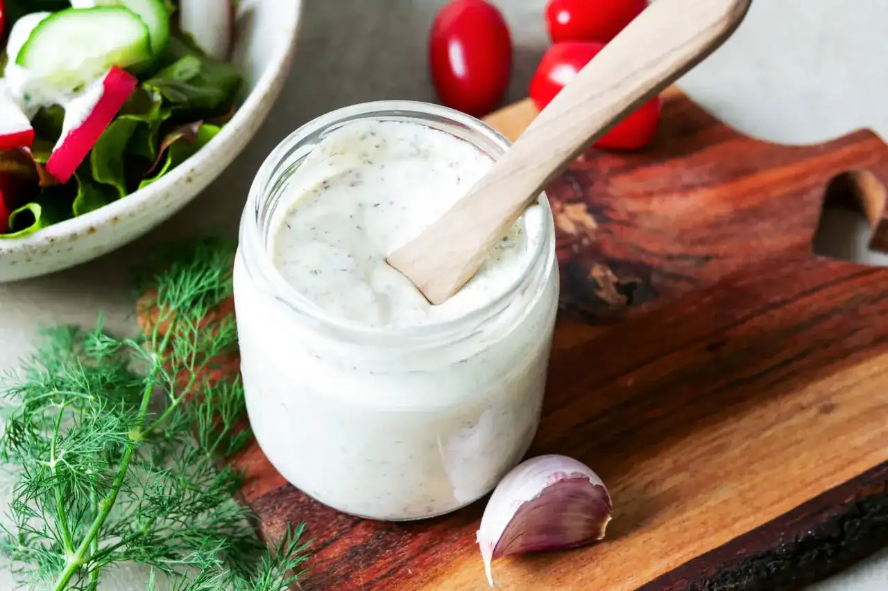 Ein Glas cremiges Sylter Dressing mit Dill und Knoblauch, bereit für einen frischen Salat.