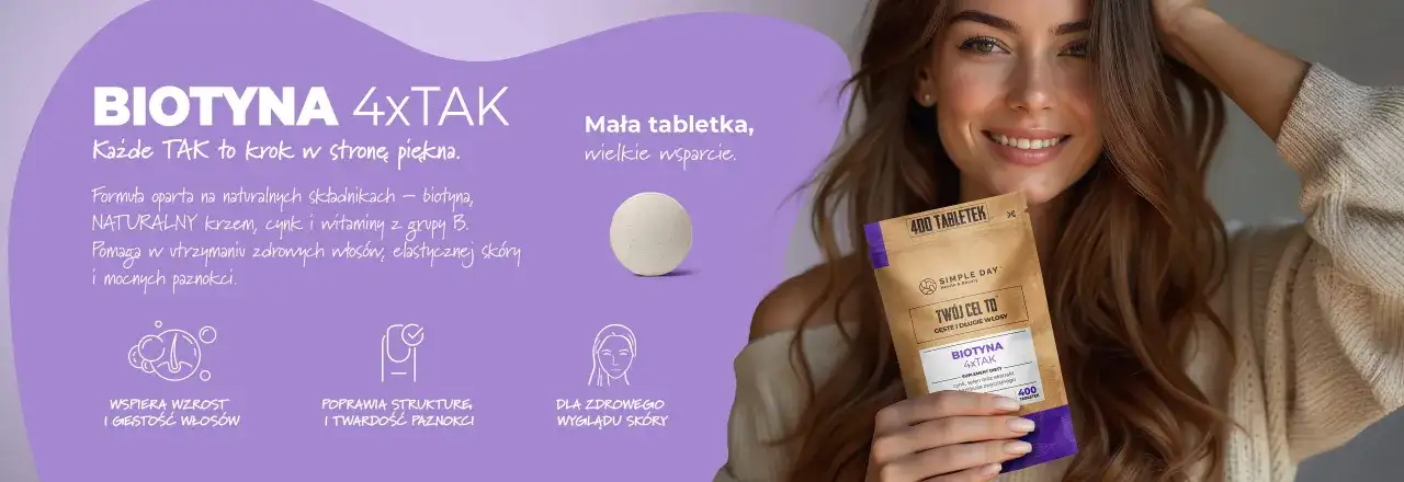 Biotyna 4xTak tabletki wspierają wzrost włosów, elastyczność skóry i mocne paznokcie. Mała tabletka, wielkie wsparcie dla piękna.