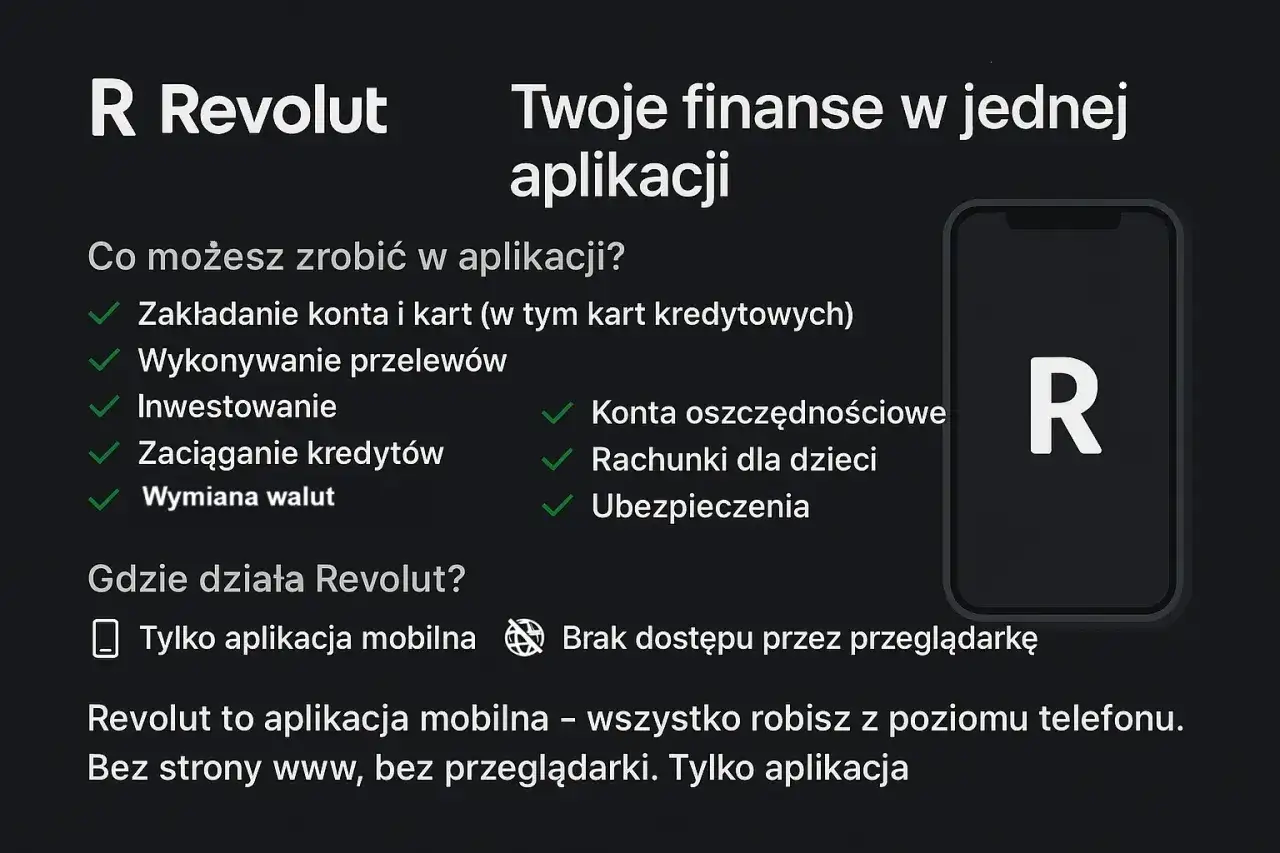 Revolut: Twoje finanse w jednej aplikacji. Załóż konto, inwestuj, wymieniaj waluty. Dostępne tylko przez aplikację mobilną.