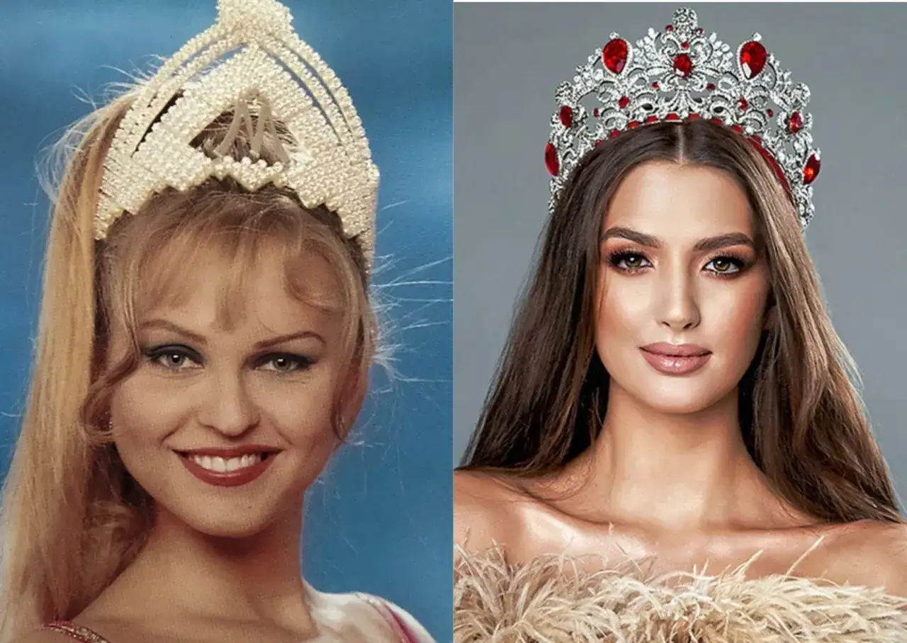 Dwie Miss Polski w koronach: jedna z lat 90. z blond włosami, druga współczesna z ciemnymi włosami i rubinową tiarą.