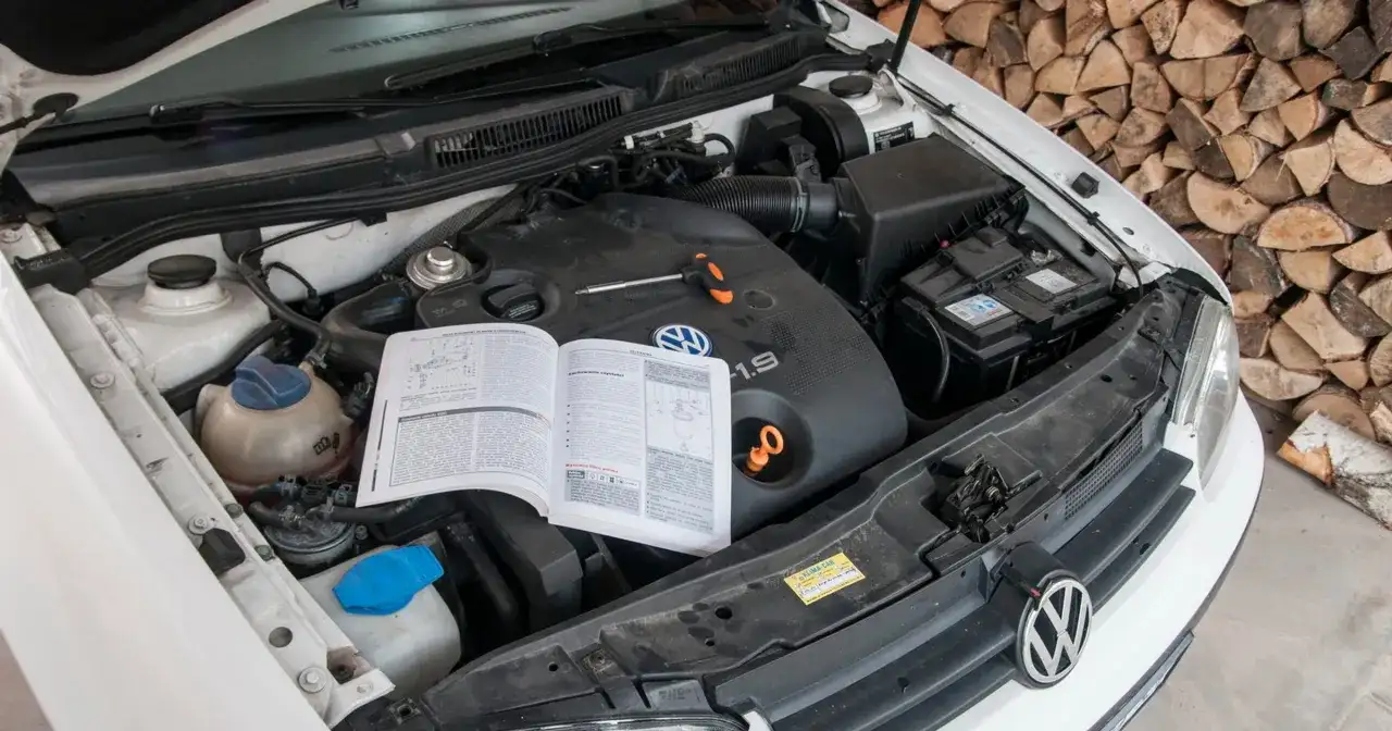 Otwarta maska samochodu z widocznym silnikiem 1.9 TDI, instrukcją obsługi i narzędziami.