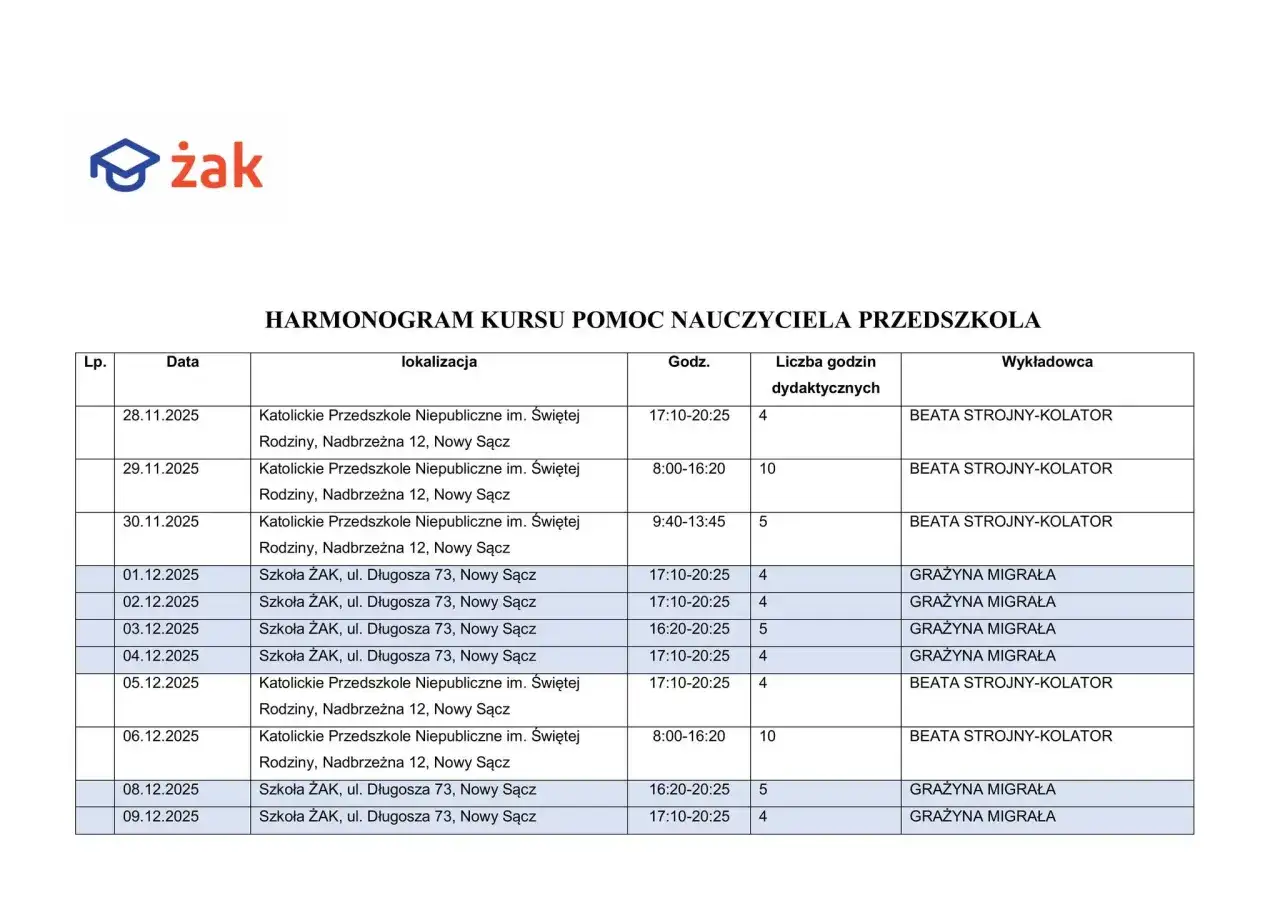 Harmonogram kursu pomoc nauczyciela przedszkola, kod zawodu nauczyciel przedszkola. Lista zajęć, daty, lokalizacje i wykładowcy.