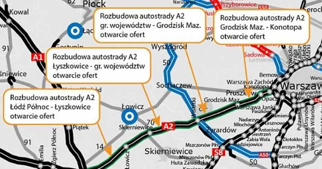 Aktualności dzisiaj: Rozbudowa autostrady A2 Łyszkowice - gr. województw, otwarcie ofert. Mapa pokazuje postęp prac.