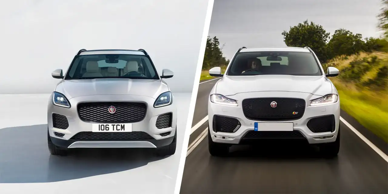 Dwa białe Jaguar SUV-y: jeden statycznie na białym tle, drugi w ruchu na drodze.