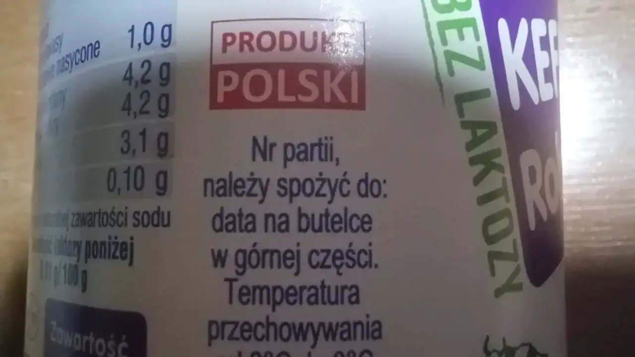 Produkt polski. Nr partii, należy spożyć do: data na butelce w górnej części. Bez laktozy.