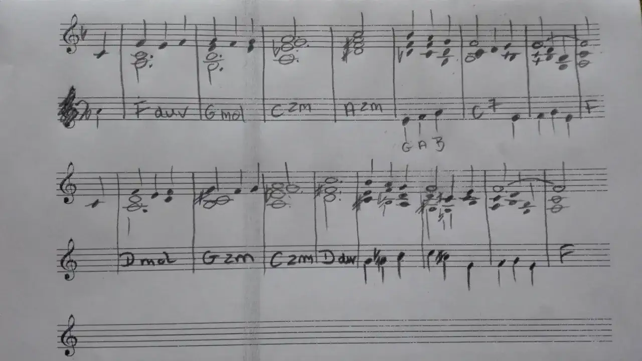 Zapis nutowy z akordami, idealny do nauki gry na akordeonie. Znajdziesz tu łatwe nuty i proste harmonie.
