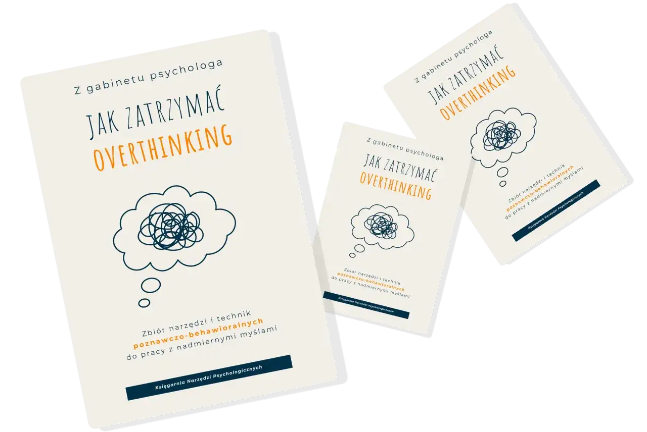 Książki "Jak zatrzymać overthinking" z gabinetu psychologa. Zbiór narzędzi i technik poznawczo-behawioralnych do pracy z nadmiernymi myślami.
