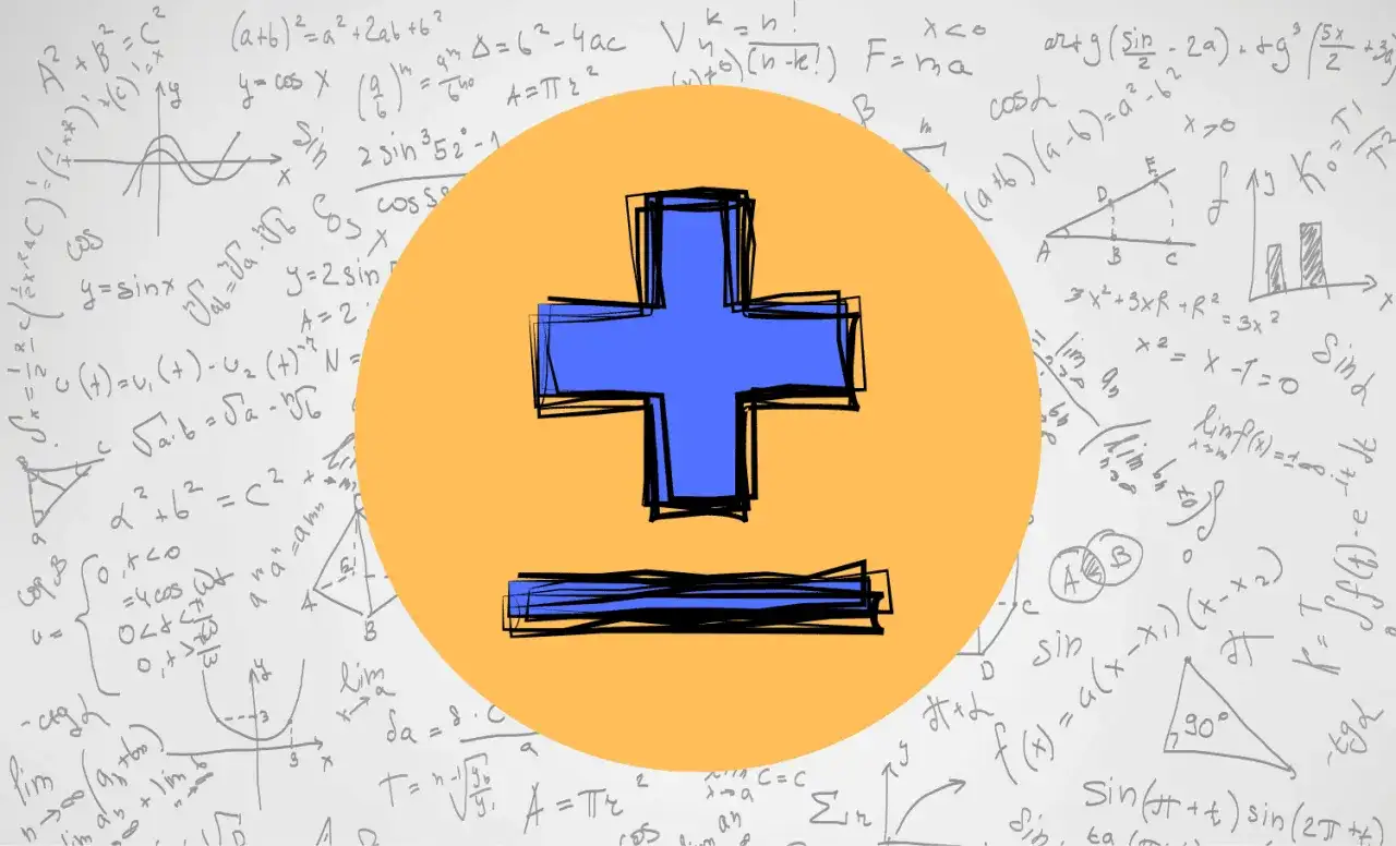 Niebieski plus minus symbol na tle równań matematycznych.