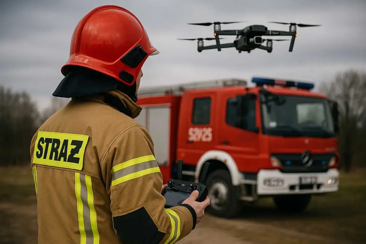 Strażak w hełmie i kurtce z napisem "STRAŻ" steruje dronem. W tle czerwony wóz strażacki. Nowoczesne jednostki KSRG wykorzystują technologię.