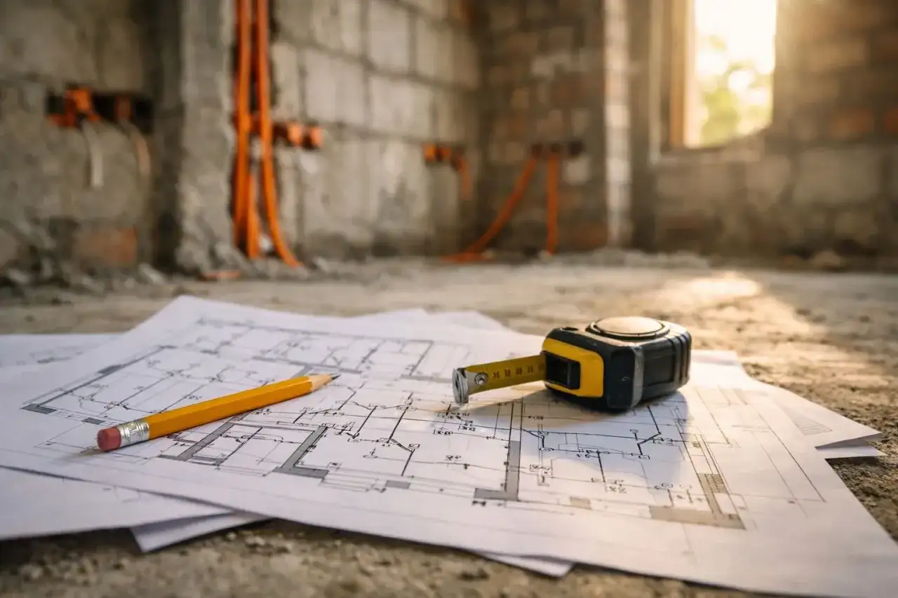 Plany budowy, ołówek i miarka leżą na podłodze. W tle widać ściany z przygotowaną instalacją elektryczną.