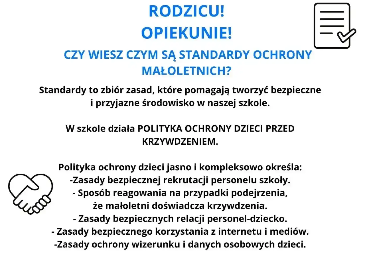 Rodzicu, opiekunie! Czy znasz standardy ochrony małoletnich? Szkoła dba o bezpieczeństwo dzieci, tworząc przyjazne środowisko.