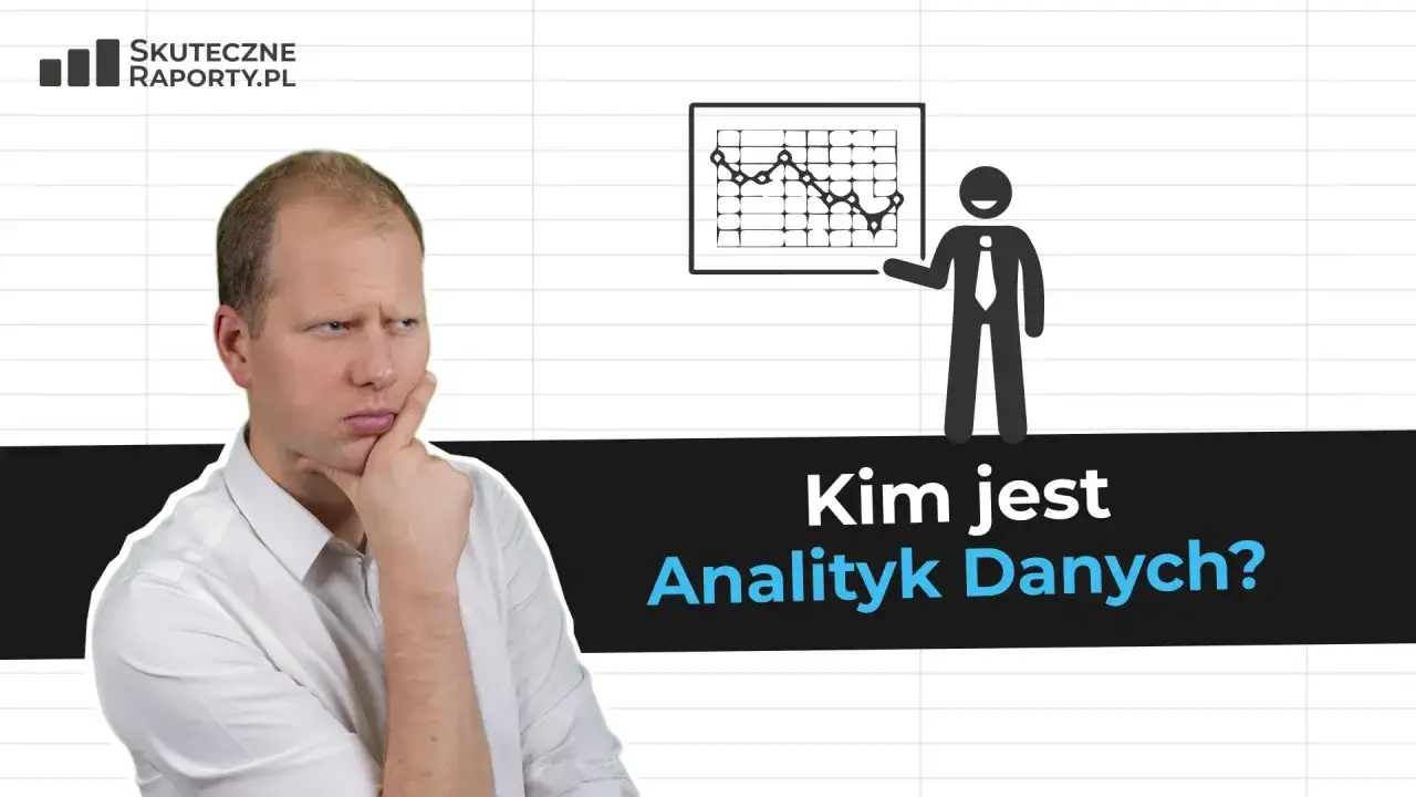Zamyślony mężczyzna obok wykresu i postaci z krawatem. Kim jest analityk danych?