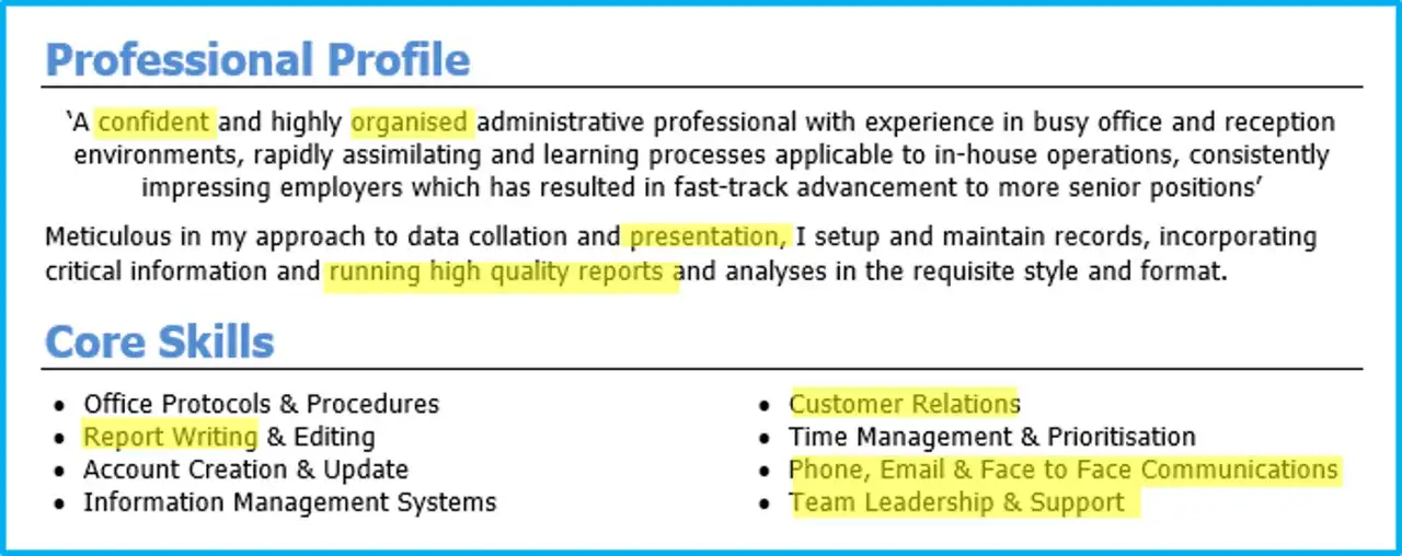 Sekcja "Professional Profile" i "Core Skills" z przykładem, jak napisać CV, podkreślająca umiejętności takie jak "Report Writing".