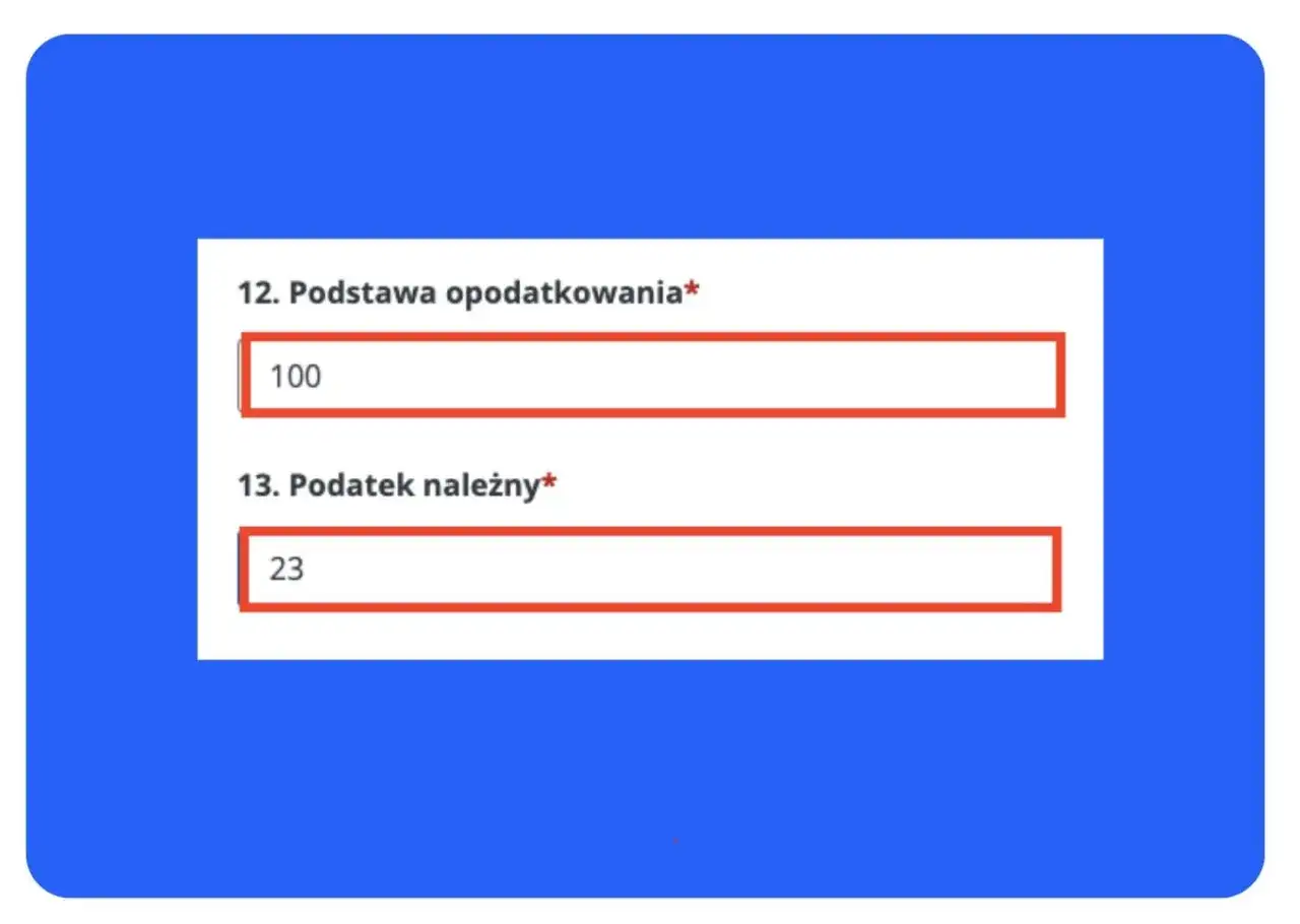 Formularz VAT-9M: podstawa opodatkowania 100, podatek należny 23.