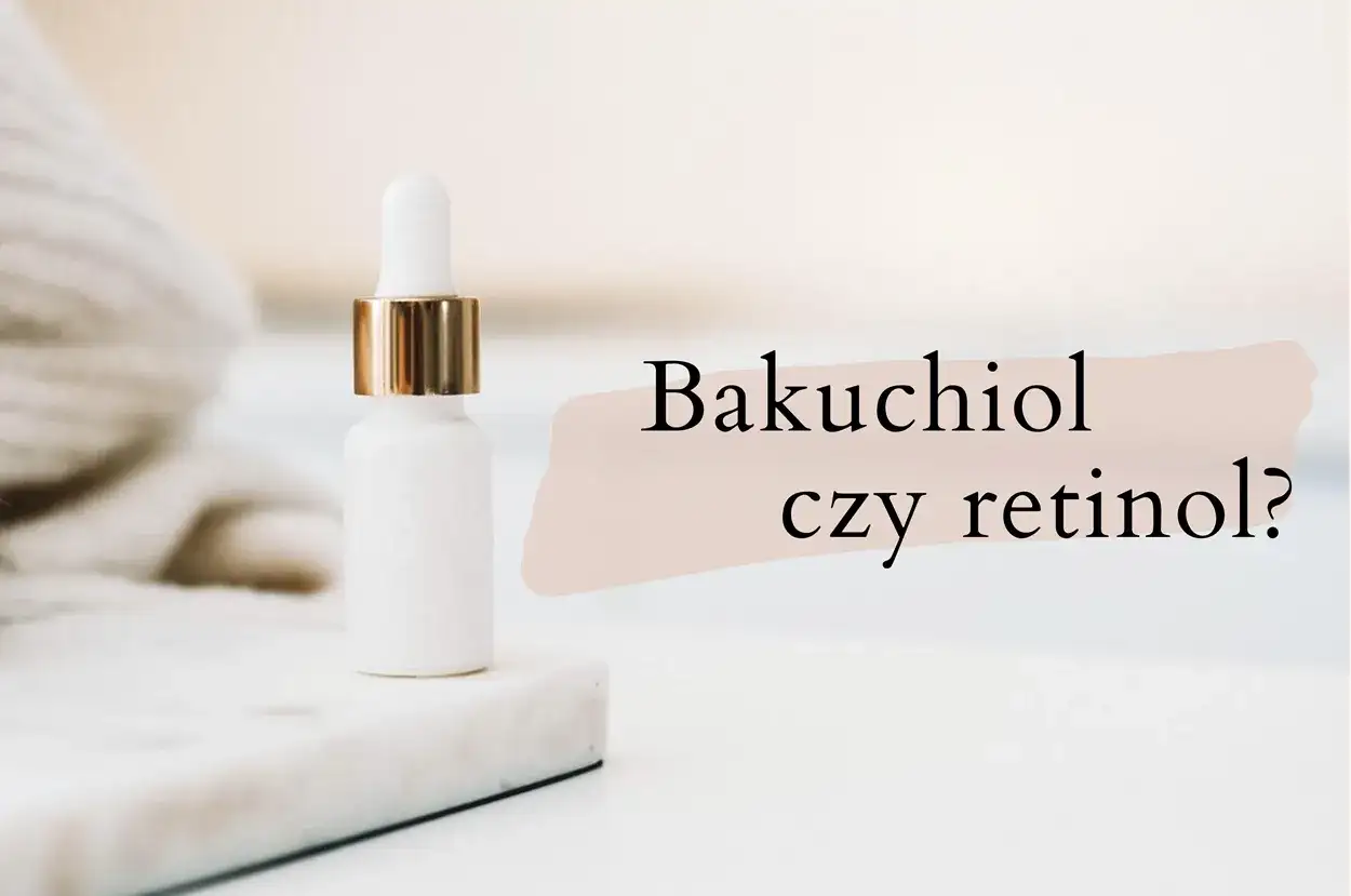 Biała buteleczka z pipetką i złotym wykończeniem. Obok tekst: "Bakuchiol czy retinol?". Dowiedz się, co to bakuchiol.