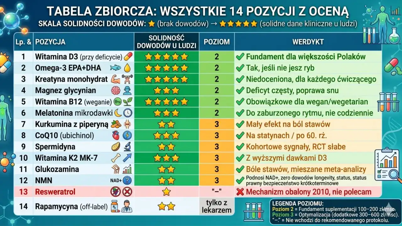 Tabela ocenia 14 pozycji suplementów, od witaminy D3 po rapamycynę, wskazując na solidność dowodów i poziom rekomendacji. Resweratrol nie jest polecany, bo mechanizm jego działania obalono.