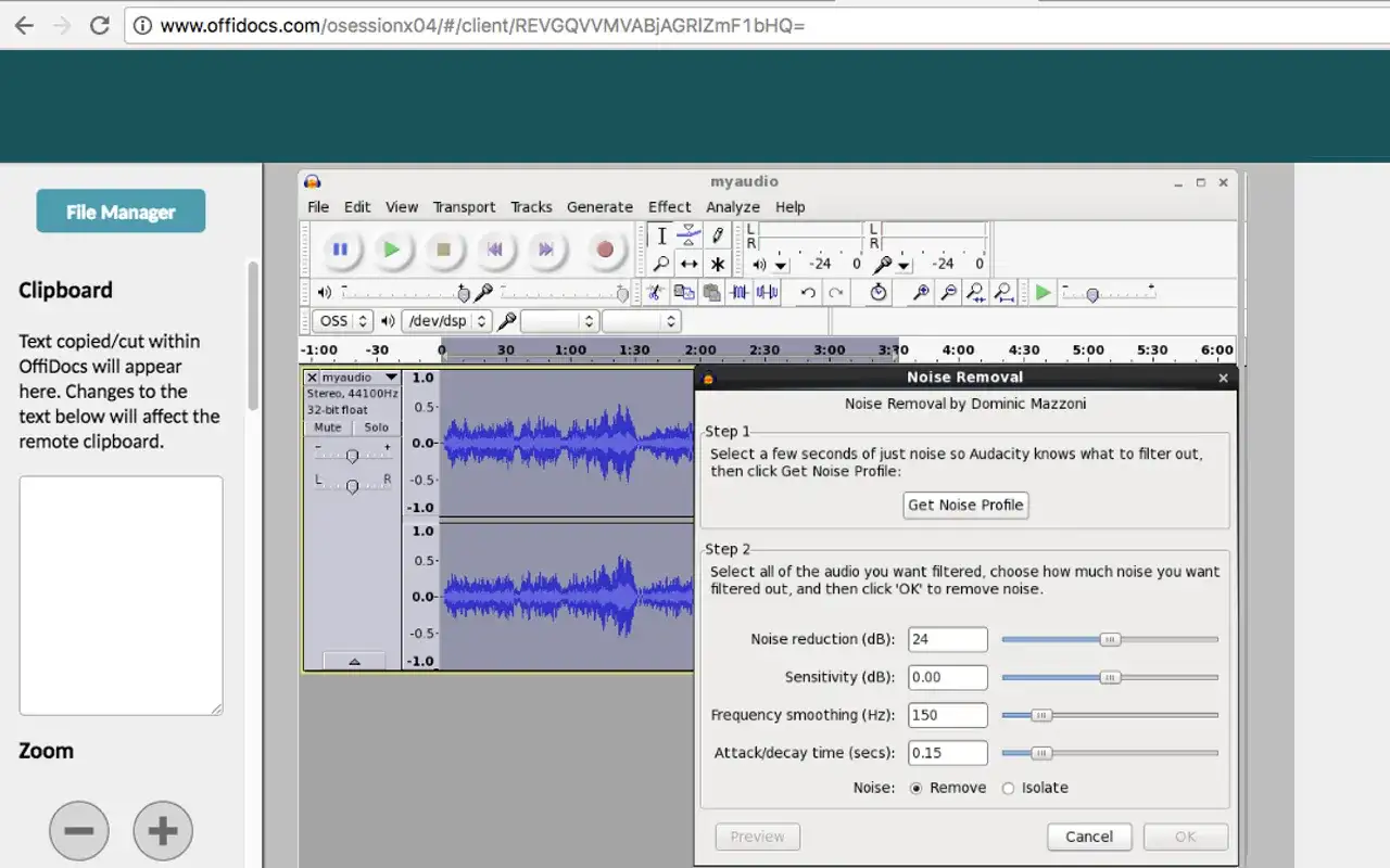 Edytor dźwięku Audiacity z oknem usuwania szumów. Użytkownik konfiguruje parametry redukcji hałasu.