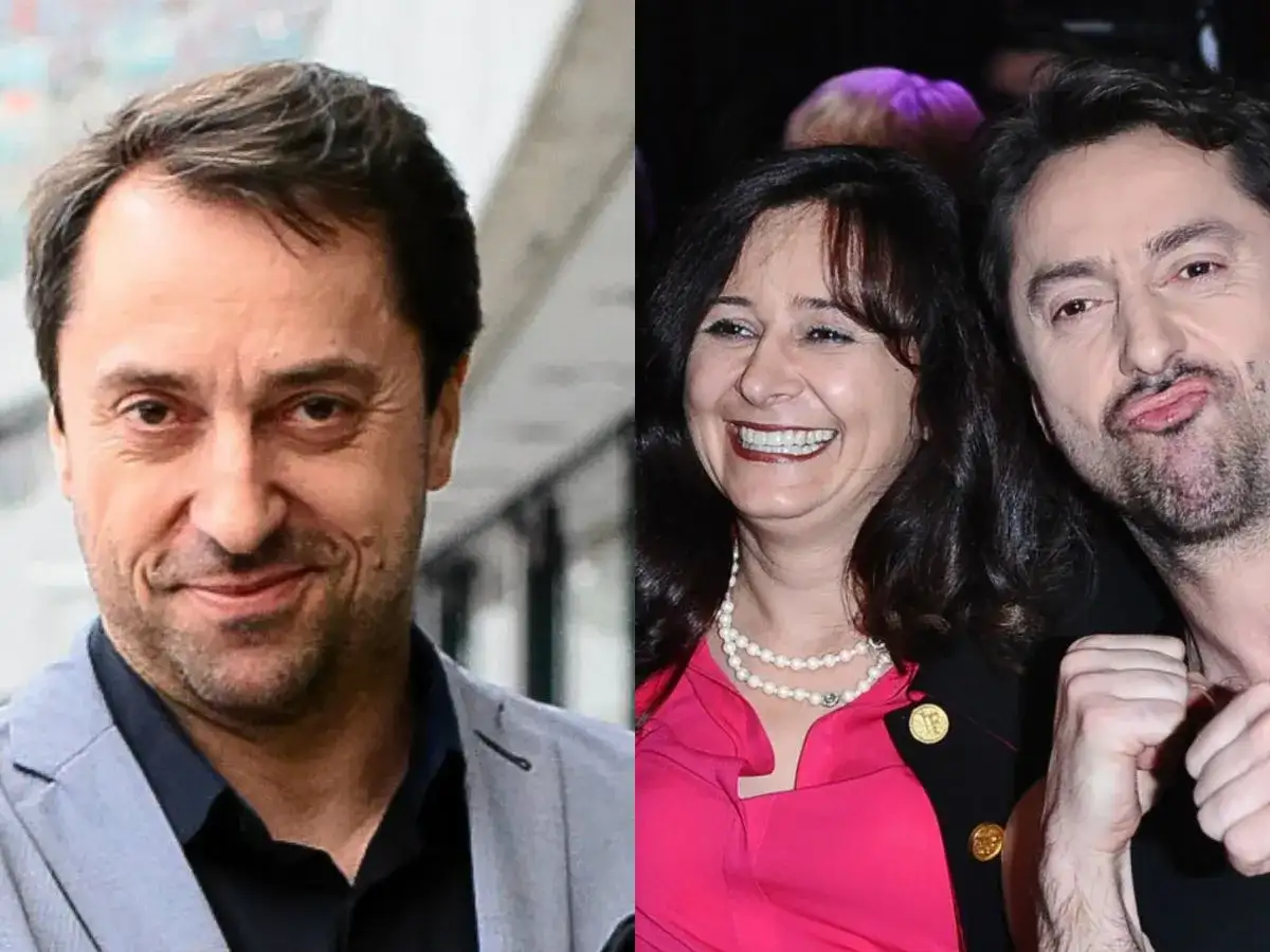 Marcin Miller z żoną, uśmiechnięta kobieta w perłach i różowej bluzce obok niego.