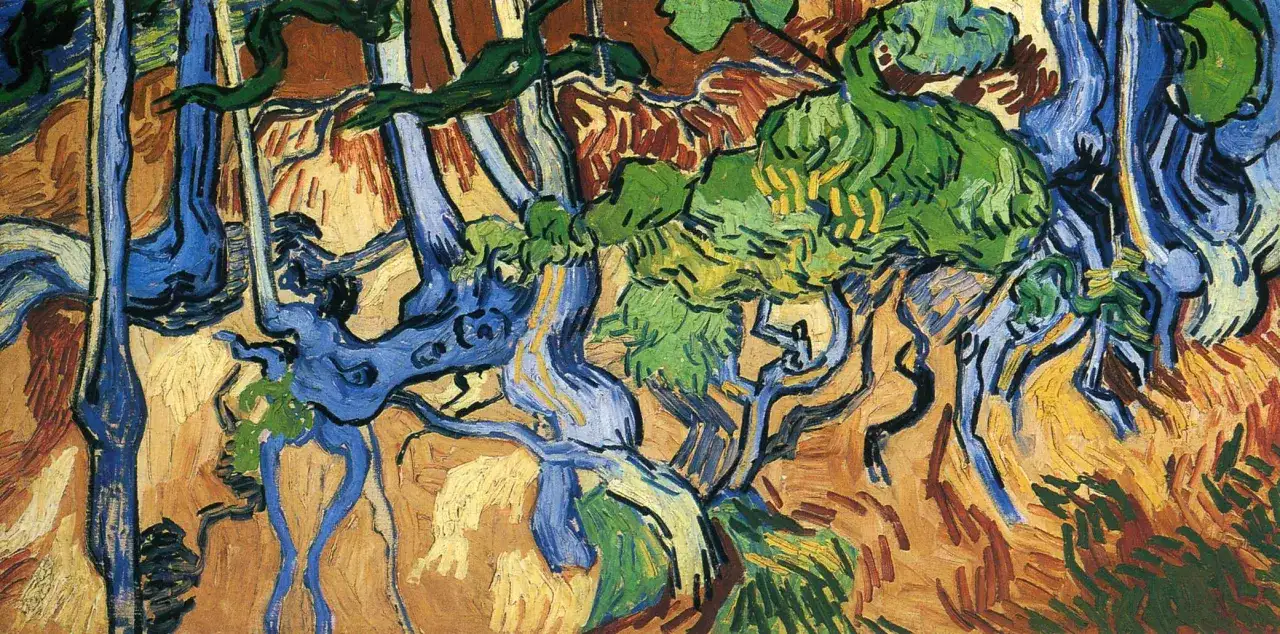 Wyrzeźbione przez naturę, niebieskie pnie drzew splatają się w żywym krajobrazie. Vincent van Gogh ciekawostki: jego dzieła pełne są emocji.
