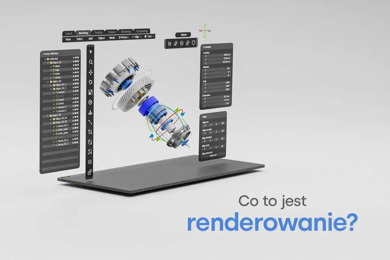 Grafika 3D przedstawia mechanizm, panel z jego parametrami i pytanie "Co to jest renderowanie?".