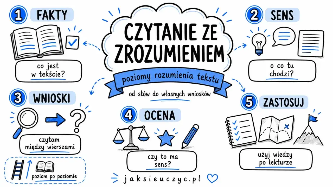 Grafika przedstawia 5 poziomów czytania ze zrozumieniem: fakty, sens, wnioski, ocena, zastosuj. Tytuł "Czytanie ze zrozumieniem" podkreśla, jakie znaczenie ma tytuł dla odczytania sensu utworu.
