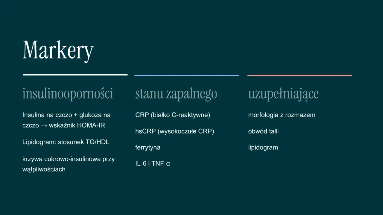 Badania insulinooporności: insulina, glukoza, HOMA-IR, lipidogram, krzywa cukrowo-insulinowa. Markery stanu zapalnego i uzupełniające.