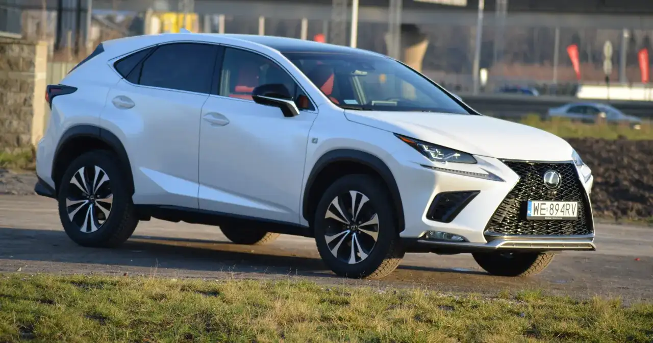 Biały Lexus NX 300 z czerwonym wnętrzem zaparkowany na tle krajobrazu.