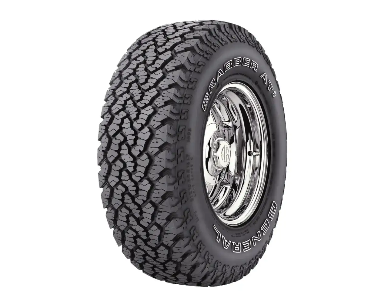 Opona terenowa General Grabber AT2 na chromowanej feldze, idealna do Toyota 4x4.