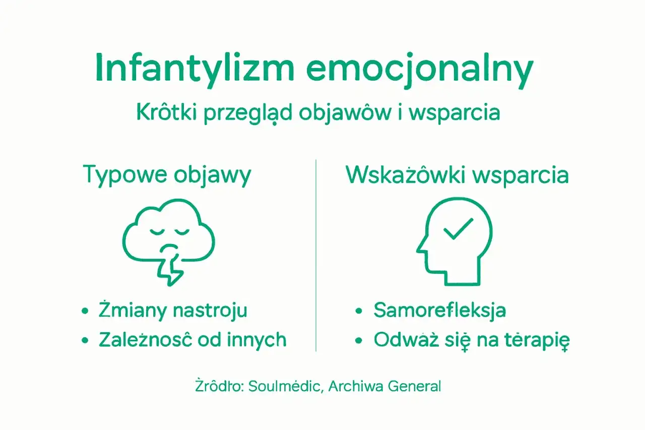 Infantylizm emocjonalny: objawy (chmura ze smutną buźką, zmiany nastroju, zależność) i wsparcie (głowa z haczykiem, samorefleksja, terapia). Syndrom Piotrusia Pana.