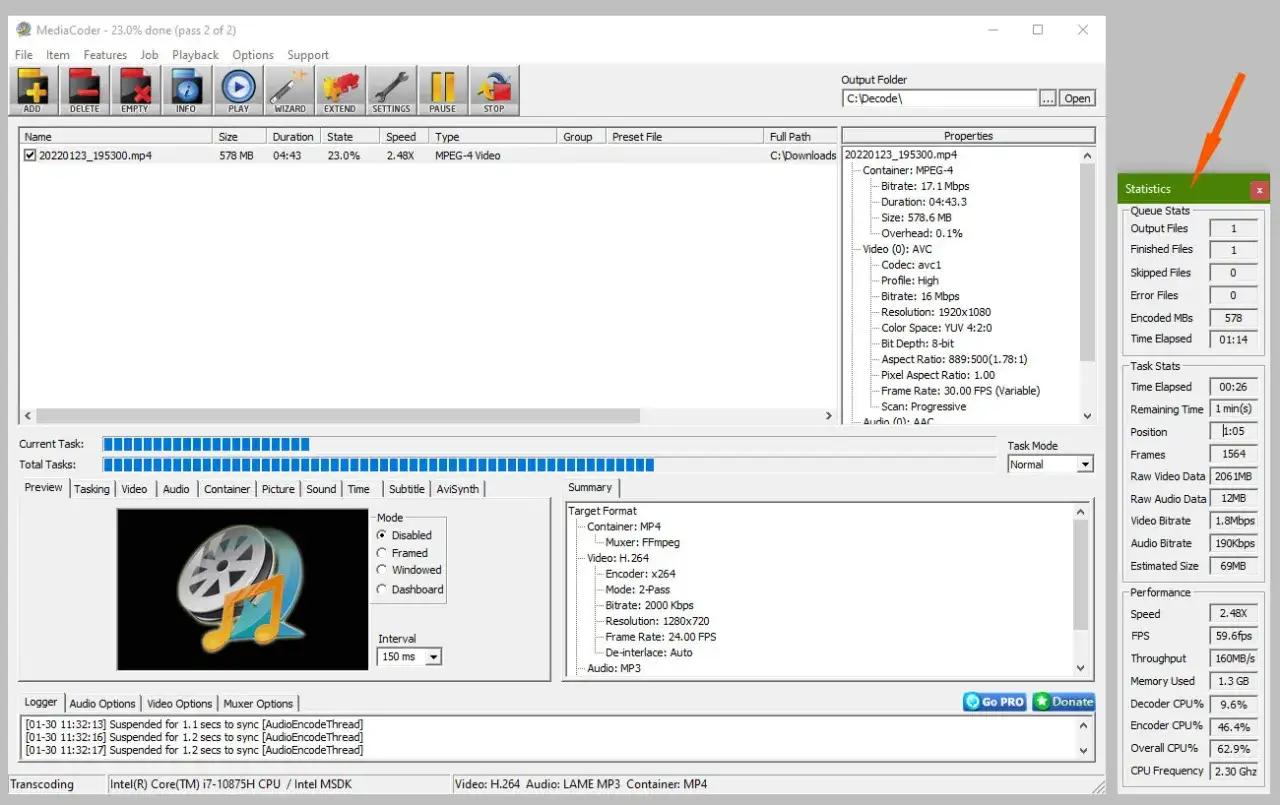 Program MediaCoder pokazuje, jak zmniejszyć rozmiar filmu. Plik 578 MB jest przetwarzany, aby uzyskać mniejszy rozmiar.