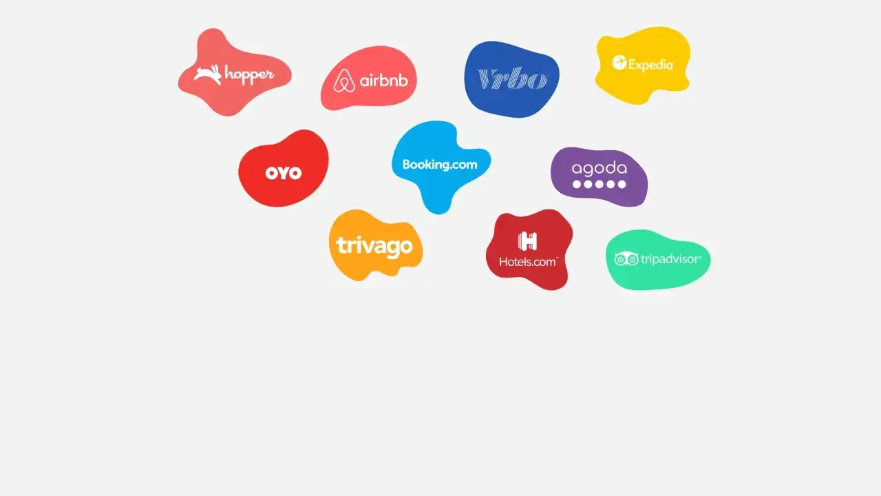 Logotypy platform rezerwacji: Hopper, Airbnb, Vrbo, Expedia, OYO, Booking.com, Agoda, Trivago, Hotels.com, TripAdvisor. Idealne dla każdego channel manager.
