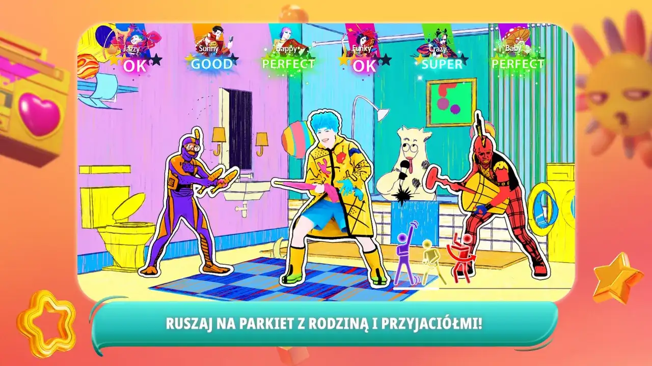 Kolorowi tancerze w kreskówkowym stylu tańczą w łazience, z ocenami "OK", "GOOD", "PERFECT", "SUPER".