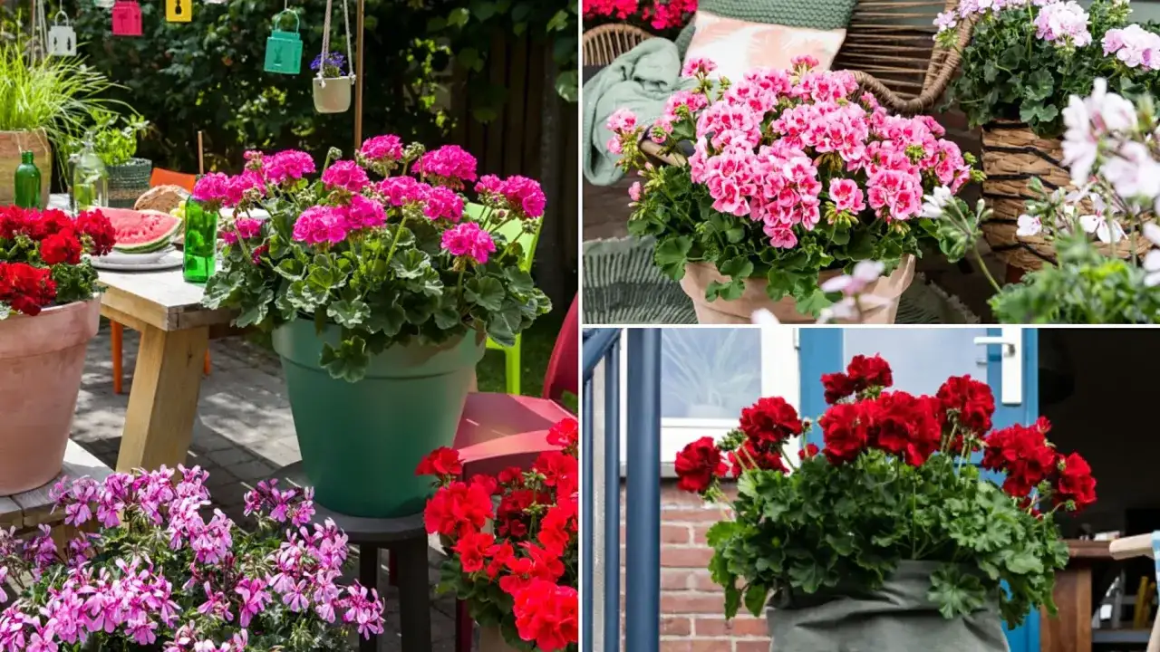 Pelargonia Calliope w donicach zdobi letni ogród i taras. Krwistoczerwone i różowe kwiaty tworzą barwne kompozycje.
