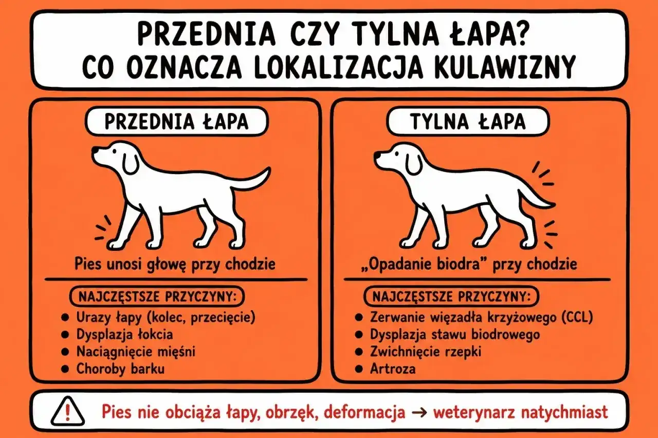 Pies kuleje, ale nie piszczy. Ilustracja pokazuje, jak rozpoznać, czy problem dotyczy przedniej, czy tylnej łapy psa, wraz z najczęstszymi przyczynami.